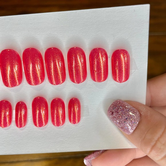 Hot Pink w Orange Gold Shimmer Polished & Glazed Nails|Press On Nails|V Day Mani - Picture 5 of 10